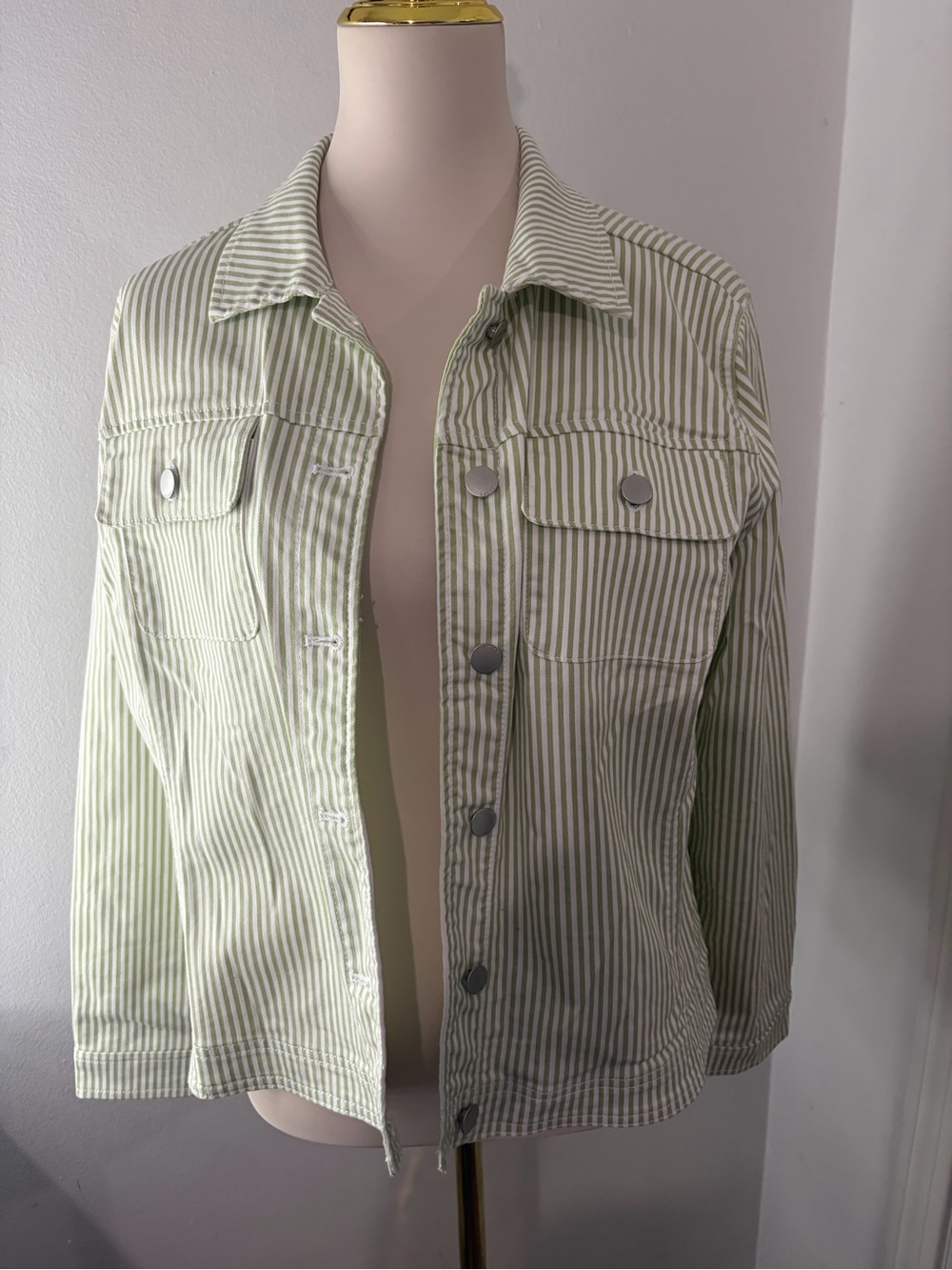 Chico's Pale Green Cotton Fall Striped Jean Jacket Size 2